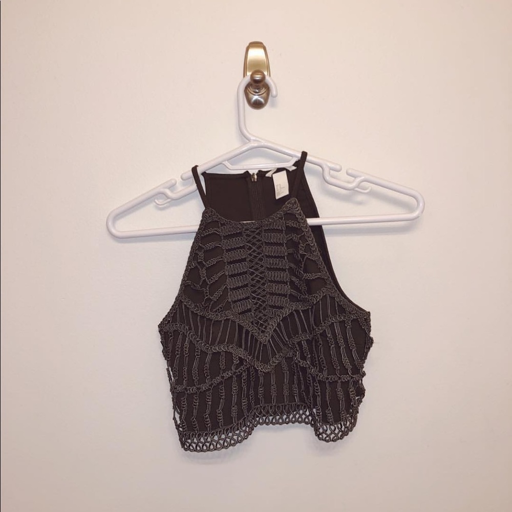 Army green cropped tank with crochet design